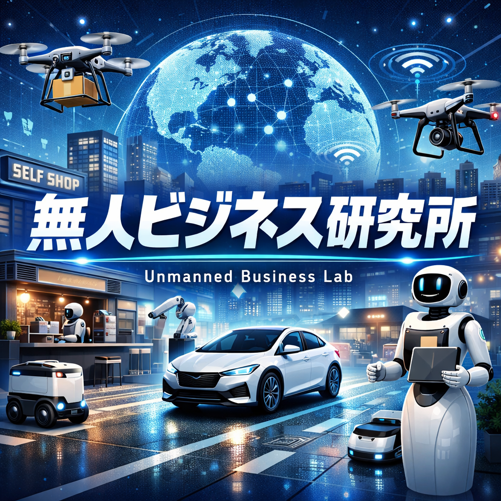 未来的な都市の風景で、無人のビジネスをテーマにしたイラスト。自動運転車、ロボット、ドローンが描かれている。看板には「無人ビジネス研究所」の文字がある。
